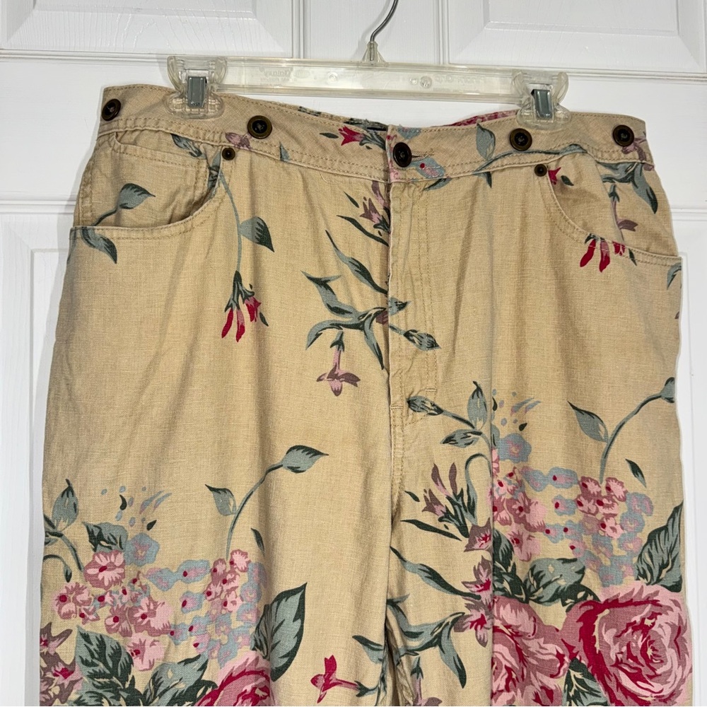 Hunt Club Cream Beige and Pink Floral Cotton Linen Wide Leg Pants size 16 - Picture 5 of 11